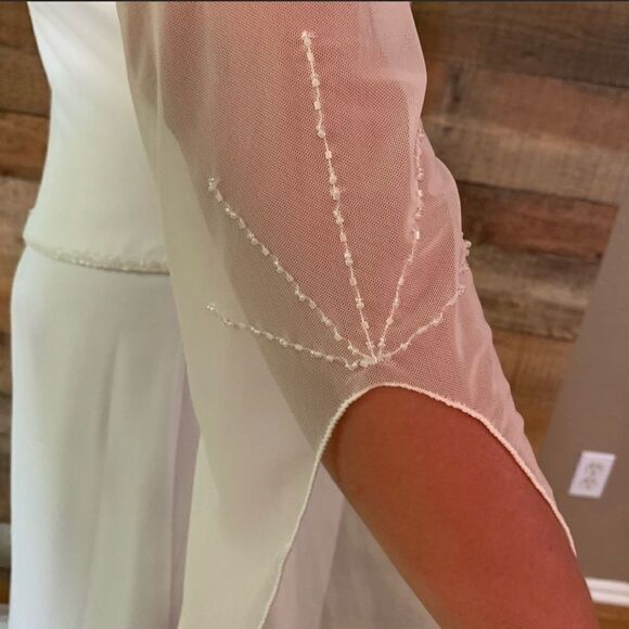 Kathryn LaCroix white nee wedding dress gown beading sheer long sleeves, size 10 - Picture 5 of 13